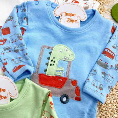 Kit 3 Peças - Bodys Manga Longa Dinos Motoristas - Off White, Azul e Verde